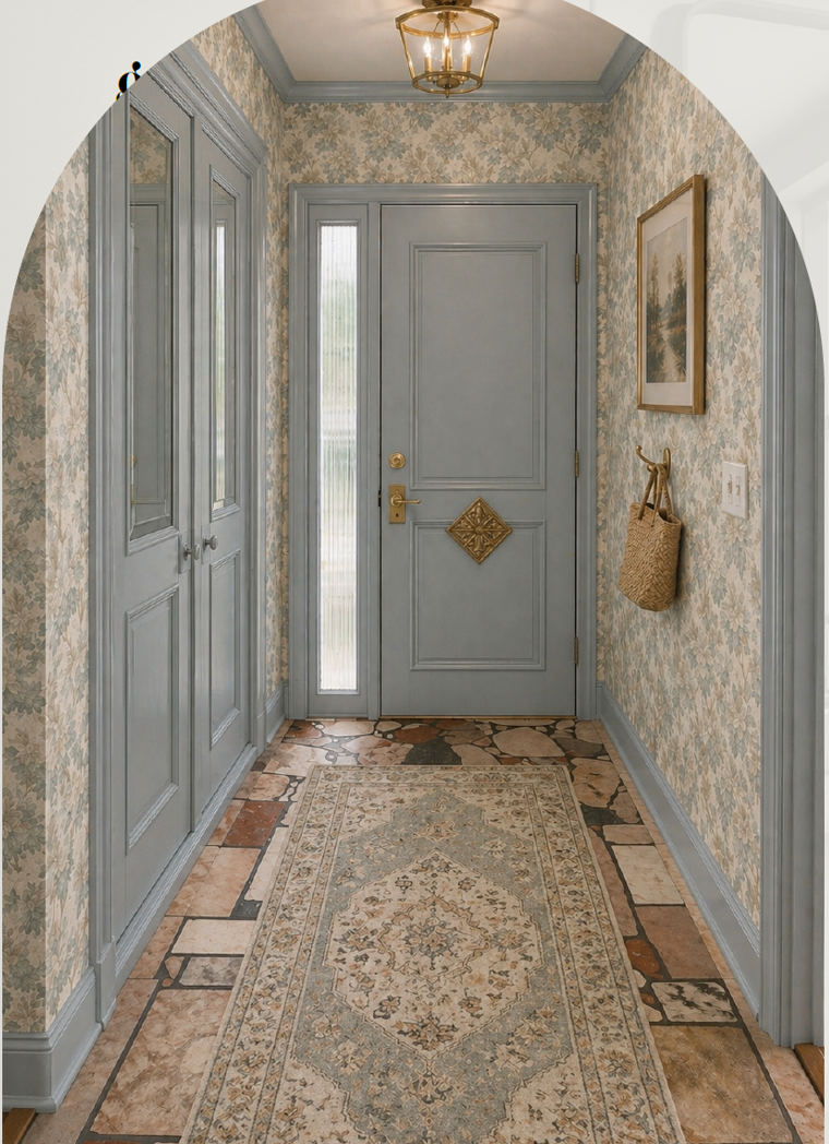 A classic entryway hallway featuring a light blue front door with a narrow vertical window, matching blue side cabinets, a patterned floral wallpaper, a stone-tiled floor, and a long oriental runner rug.